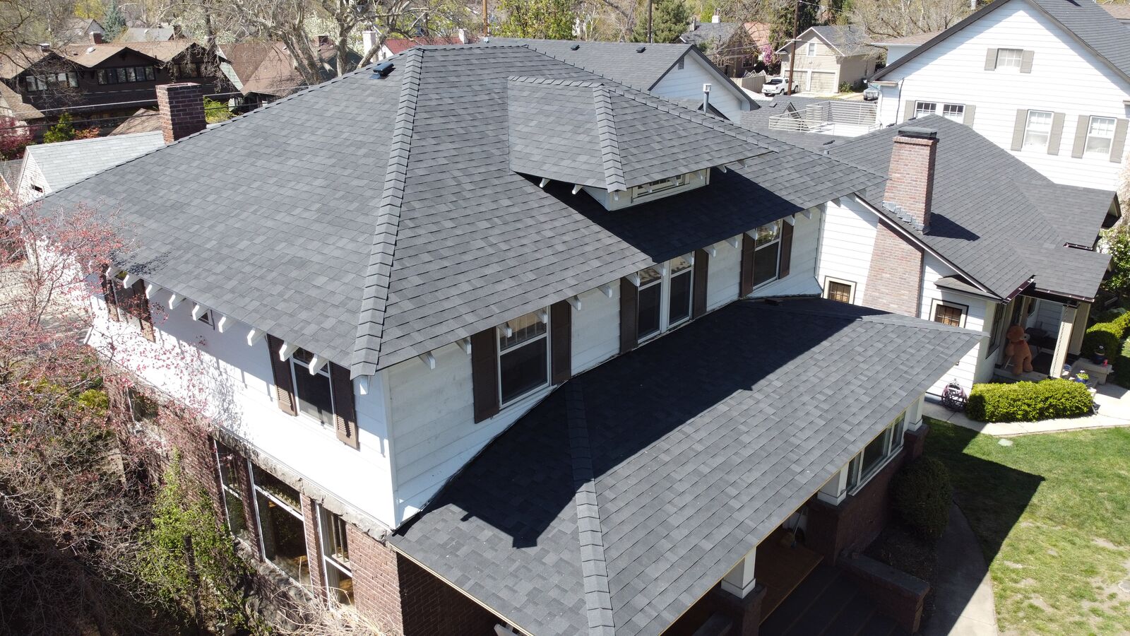 Aerial view of residential roof replacement in Boise Idaho — Blue Goat Roofing